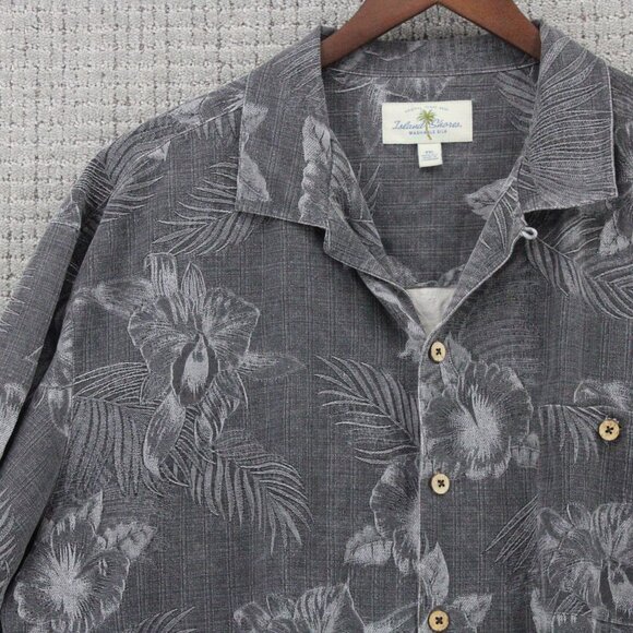 Vintage Island Shores Hawaiian Silk Shirt Mens 2XL Gray Floral Print Button Down - Picture 3 of 9